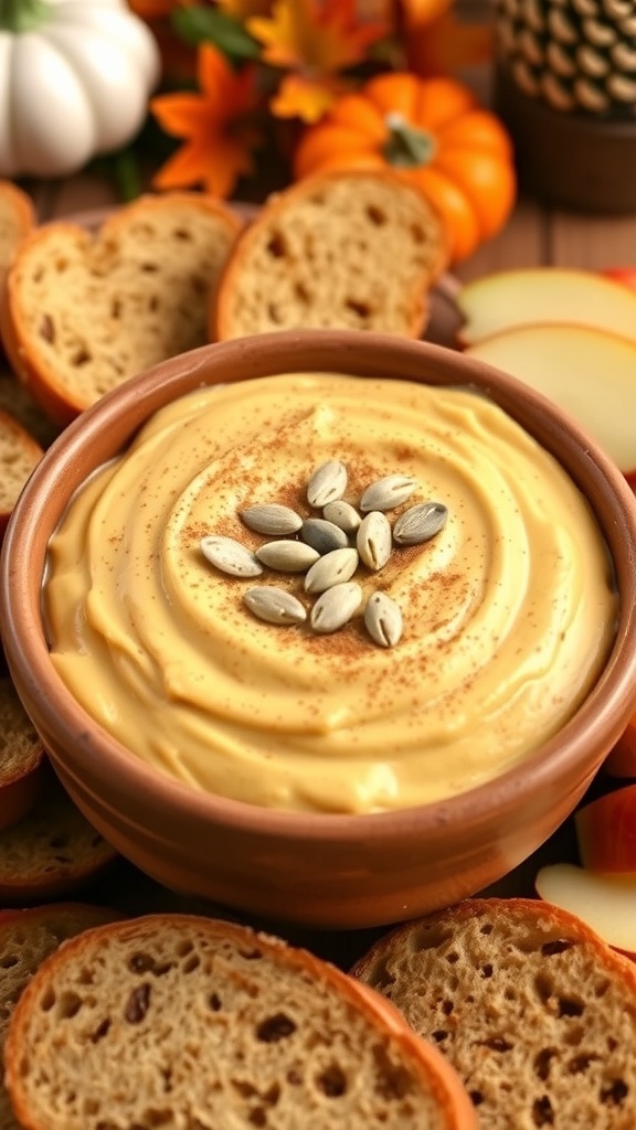 Creamy pumpkin bread dip in a bowl with bread slices and apple wedges, garnished with cinnamon and pumpkin seeds.